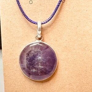 925 Sterling Silver Plated & Amethyst Stone/Crystal Round Disk Pendant EUC